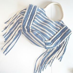 Divided Striped Fringe Beach Tote Bag